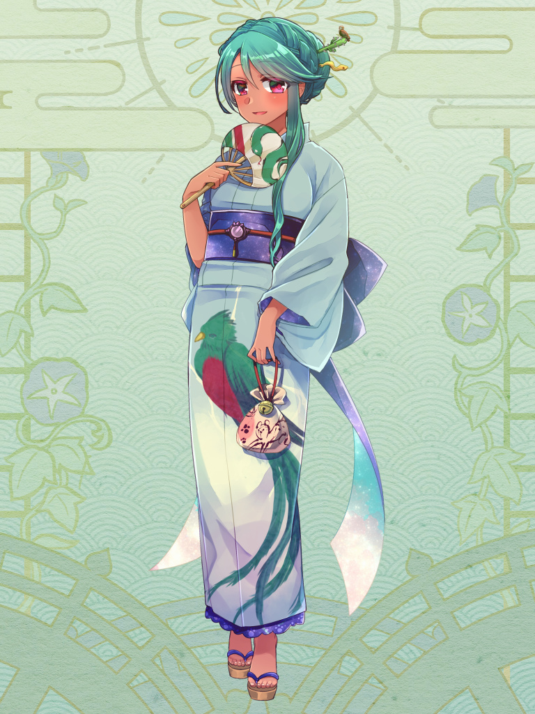 1girl, animal_print, bell, bird_print, blue_kimono, braid, dairoku_ryouhei, dark-skinned_female, dark_skin, full_body, green_background, green_hair, hair_ornament, hair_over_shoulder, hair_stick, hand_fan, holding, holding_fan, japanese_clothes, jingle_bell, kimono, kinchaku, looking_at_viewer, obi, pouch, red_eyes, sandals, sash, solo, yutoufu_pbw, zouri