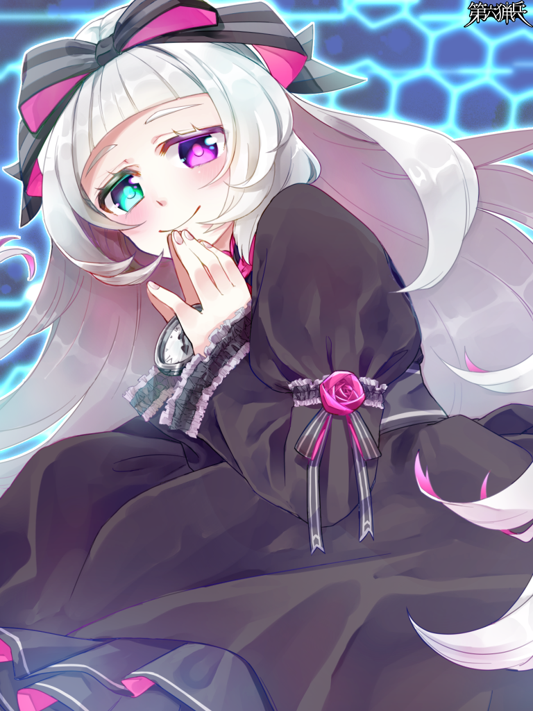 1girl, alice_snowlight, black_bow, black_dress, blue_background, blue_eyes, blunt_bangs, blush, bow, copyright_name, dairoku_ryouhei, dress, frilled_sleeves, frills, heterochromia, lolita_fashion, long_hair, long_sleeves, looking_at_viewer, own_hands_together, puffy_long_sleeves, puffy_sleeves, purple_eyes, smile, solo, very_long_hair, watch, white_hair, yutoufu_pbw