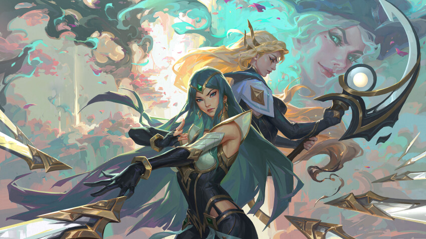 3girls, black_gloves, blonde_hair, blue_eyes, bracelet, breasts, closed_mouth, crescent, crescent_facial_mark, crescent_moon, diana_(league_of_legends), dreamway, earrings, elbow_gloves, facial_mark, falling_petals, fighting_stance, fingerless_gloves, floating_hair, forehead_mark, gloves, green_eyes, green_hair, hair_ornament, hat, highres, holding, holding_weapon, incoming_attack, irelia, jewelry, large_breasts, league_of_legends, long_hair, looking_at_viewer, miss_fortune_(league_of_legends), moon, multiple_girls, multiple_swords, outdoors, parted_bangs, petals, pirate_hat, ruined_miss_fortune, sentinel_(league_of_legends), sentinel_diana, sentinel_irelia, serious, sidelocks, single_fingerless_glove, sky, smile, sword, thighs, v-shaped_eyebrows, very_long_hair, weapon, yellow_eyes