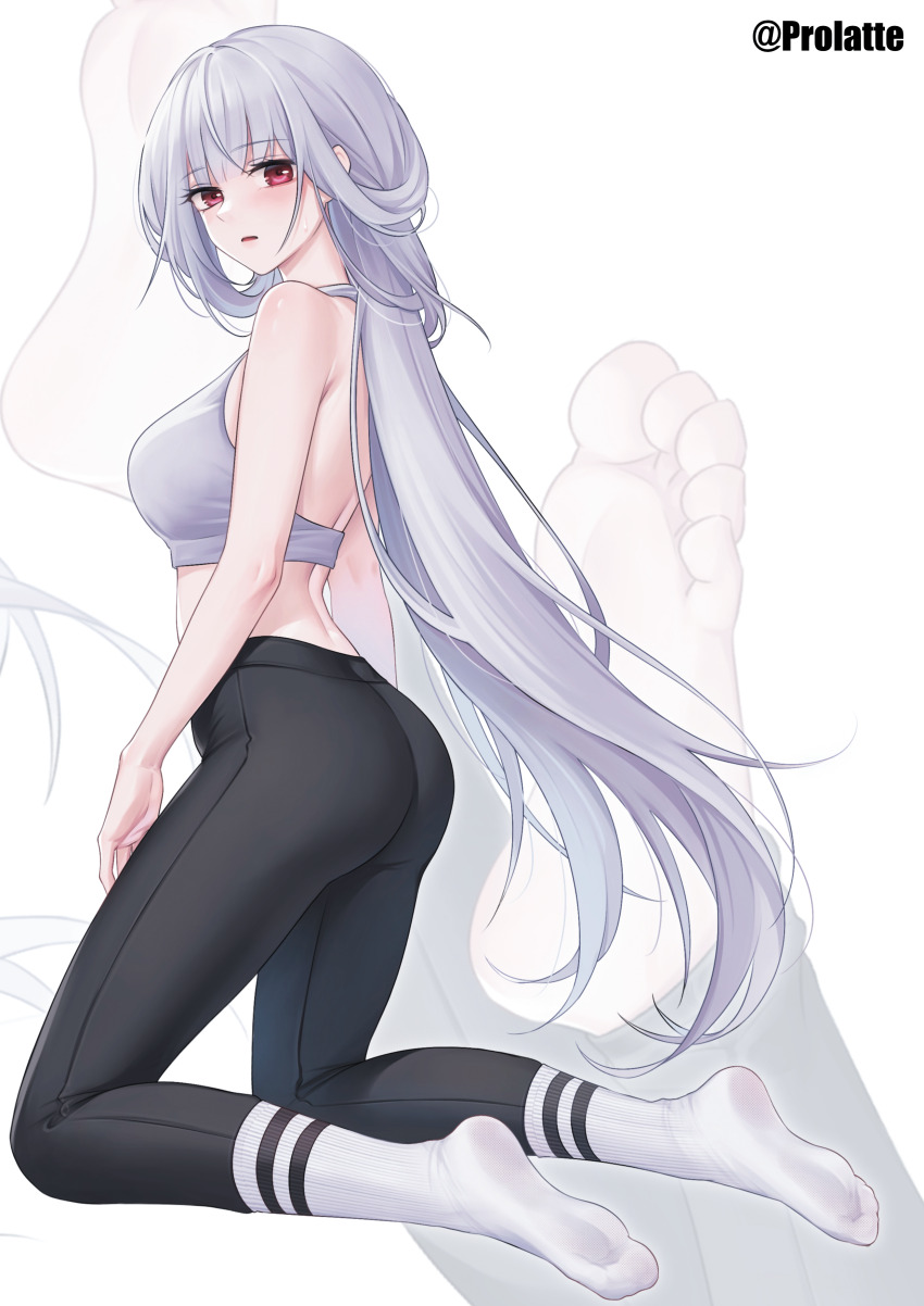 1girl, absurdres, artist_name, azur_lane, backless_outfit, black_leggings, black_pants, feet, foot_focus, full_body, ghhoward, halterneck, highres, kneeling, leggings, long_hair, looking_at_viewer, looking_back, marseillaise_(azur_lane), marseillaise_(fighting_angel's_regimen)_(azur_lane), no_shoes, official_alternate_costume, paid_reward_available, pants, red_hair, socks, soles, soles_of_feet_in_socks, sports_bra, tank_top, tight_clothes, tight_pants, white_hair, white_socks, white_sports_bra, white_tank_top, yoga_pants