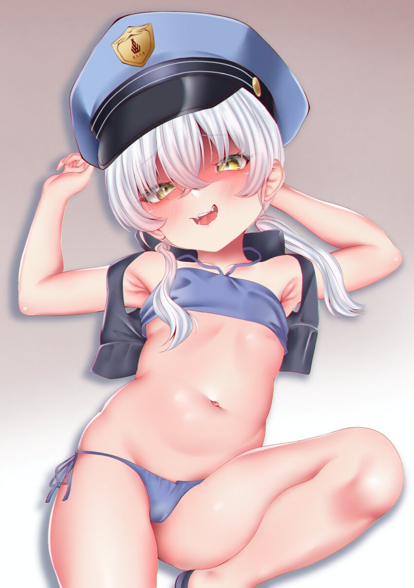 1girl, arms_up, bikini, black_vest, blue_archive, blue_bikini, blush, breasts, brown_background, collarbone, crossed_bangs, female_focus, gradient_background, hair_between_eyes, hat, highres, knee_up, loli, long_hair, looking_at_viewer, lying, naimeow, navel, official_alternate_costume, on_back, open_mouth, peaked_cap, police_hat, side-tie_bikini_bottom, small_breasts, solo, swimsuit, twintails, valkyrie_police_academy_student_(sg)_(blue_archive), vest, wavy_mouth, white_hair, yellow_eyes