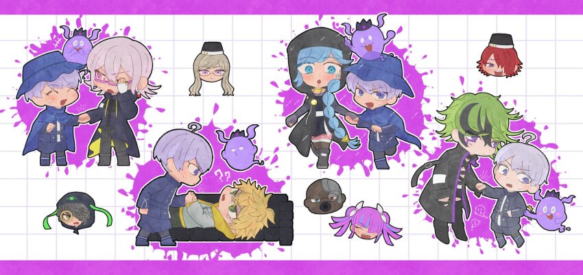 >_<, 1other, 3girls, 6+boys, :d, ?, ??, ahoge