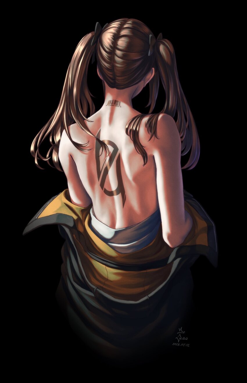 1girl, 404_logo_(girls'_frontline), barcode, barcode_tattoo, bare_shoulders, black_background, black_ribbon, brown_hair