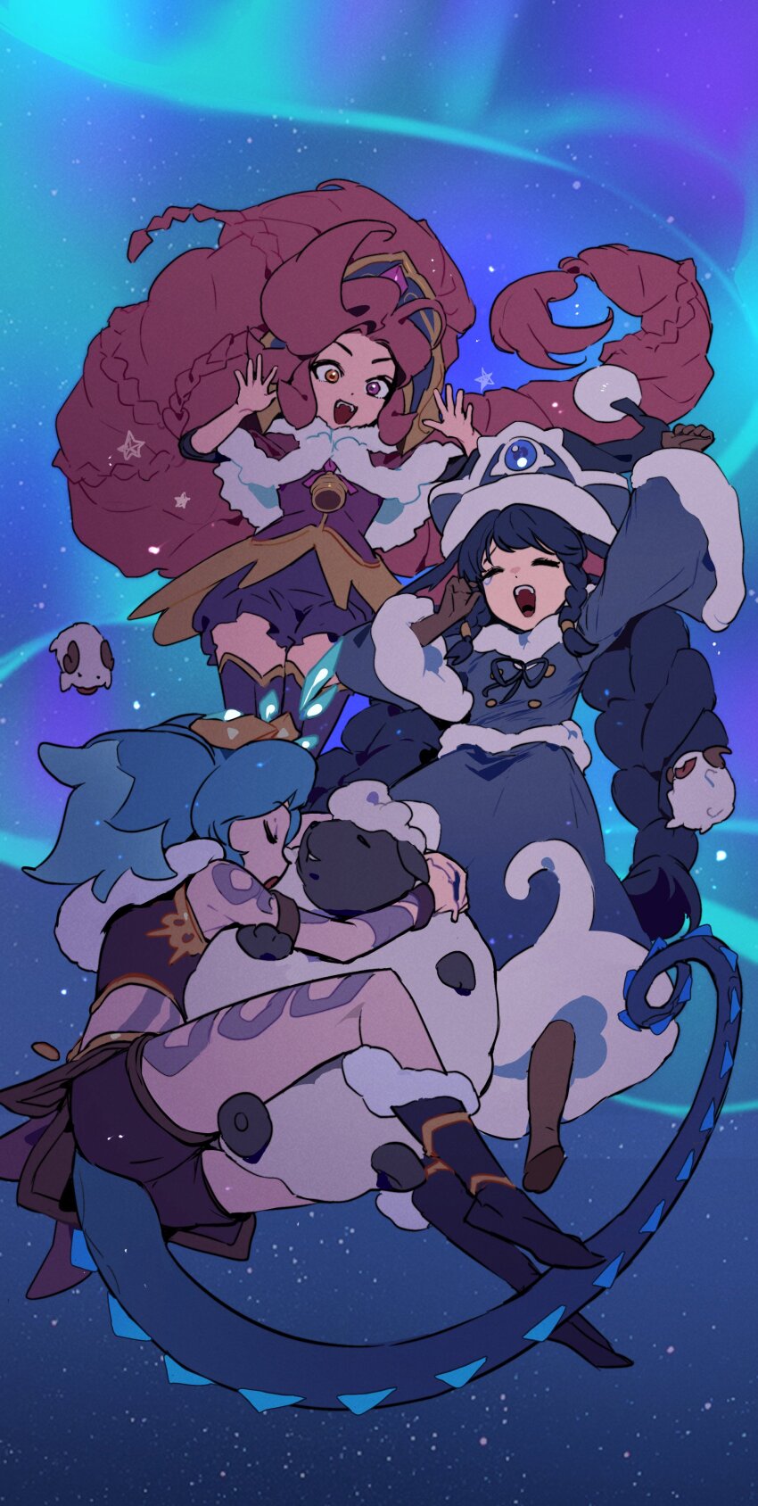 3girls, absurdres, arm_tattoo, arms_up, black_footwear, blue_coat, blue_hair, boots