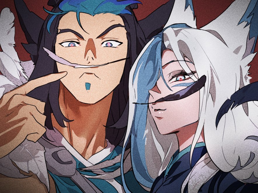 1boy, 1girl, animal_ears, black_feathers, black_hair, blue_eyes, blue_hair, closed_mouth