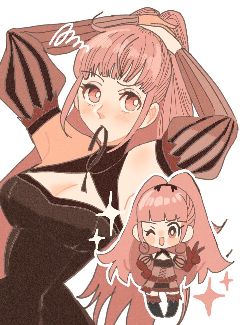 1girl, armpits, arms_up, black_dress, black_ribbon, breasts, chimney_(chimney0311), cleavage