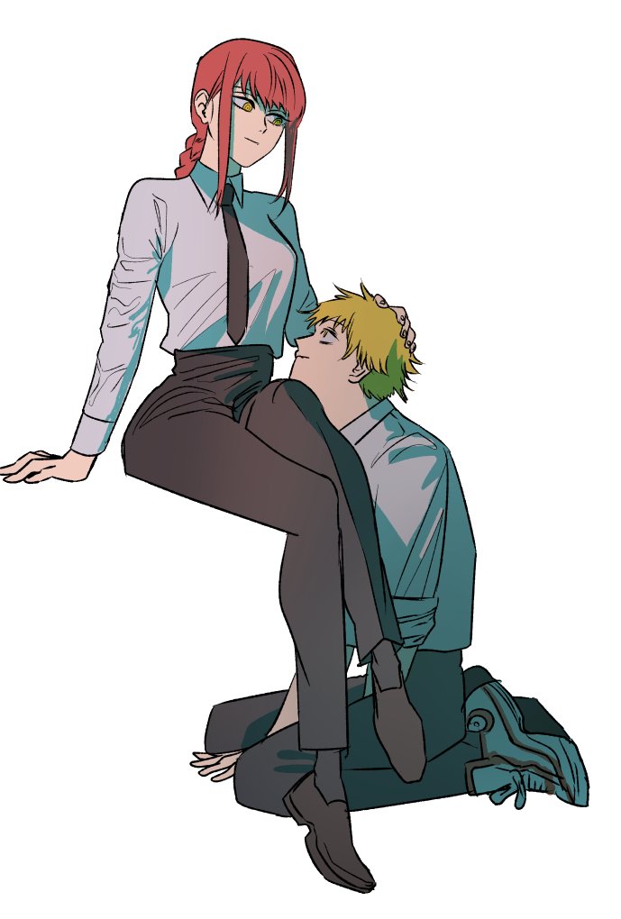 1boy, 1girl, ass, bithmath, black_footwear, black_necktie, black_pants, blonde_hair