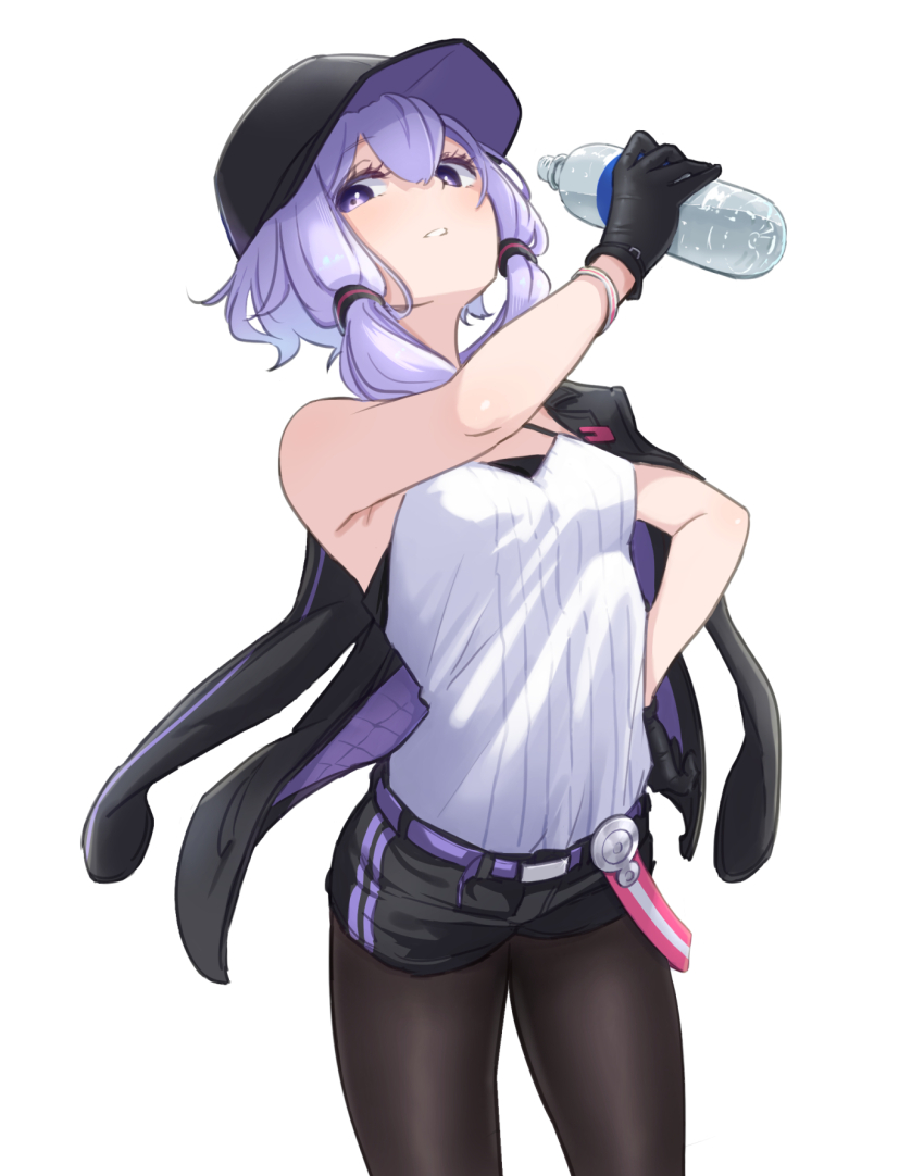 1girl, arm_up, baseball_cap, belt, black_gloves, black_hat, black_jacket, black_pantyhose