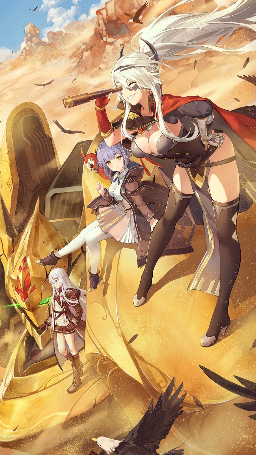 1boy, 2girls, bird, breasts, catalina_(iron_saga), cleavage, cloud, criin_(659503)