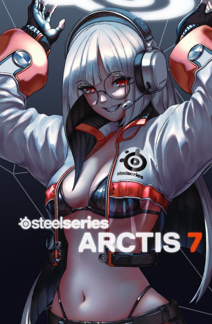 1girl, arms_up, asymmetrical_hair, belt, bikini, black_background, black_belt, black_bikini