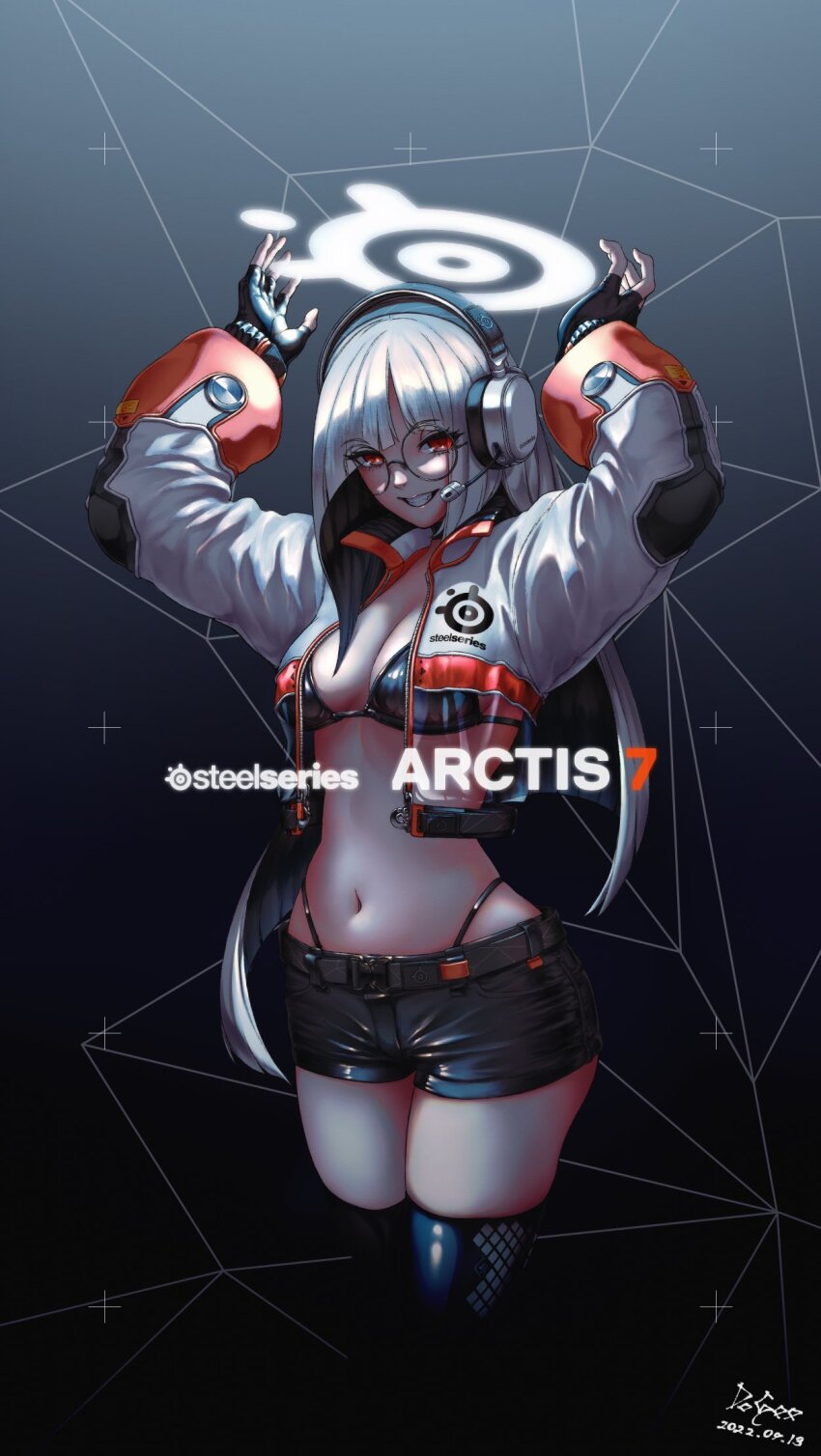 1girl, arms_up, asymmetrical_hair, belt, bikini, black_background, black_belt, black_bikini