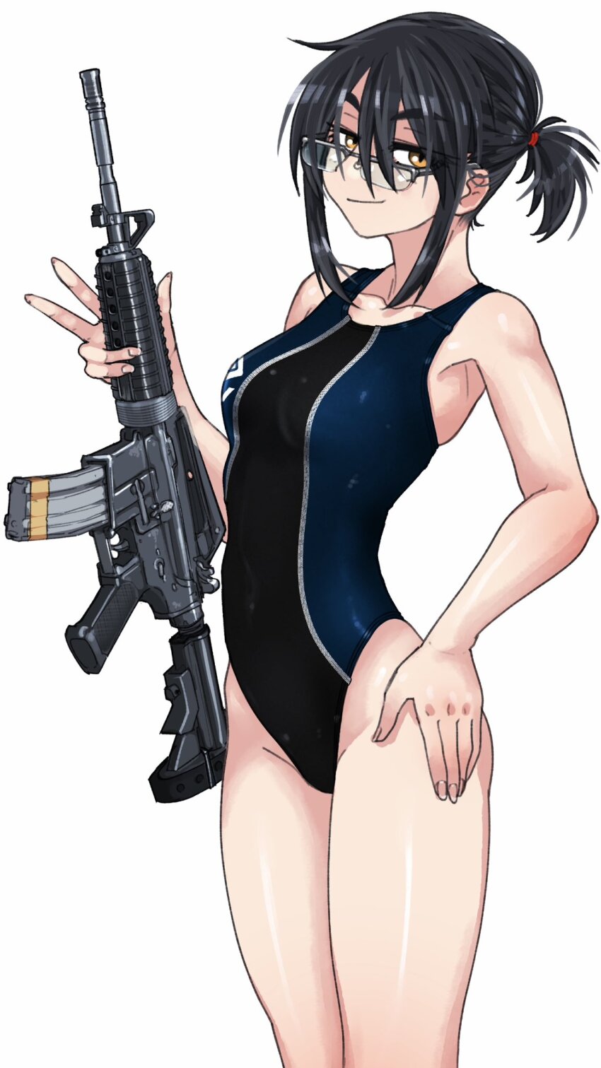 1girl, ar-15, assault_rifle, cb_(c-board), competition_swimsuit, cowboy_shot, glasses, gun