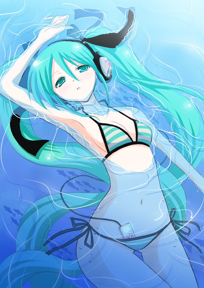 aqua_eyes, aqua_hair, armpits, bikini, mp3_player, fish, halterneck, hatsune_miku