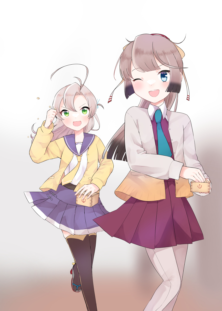 2girls, absurdres, antenna_hair, aqua_necktie, black_thighhighs, box, brown_hair, cardigan