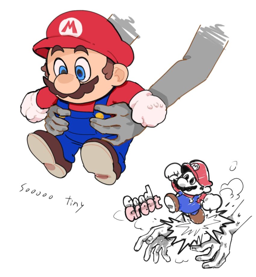 1boy, blue_eyes, blue_overalls, english_text, facial_hair, gloves, hat, highres, ikemen_san, lifting_person, male_focus, mario, mario_(series), mustache, nintendo, overalls, red_headwear, sound_effects, super_mario_rpg, white_background, white_gloves