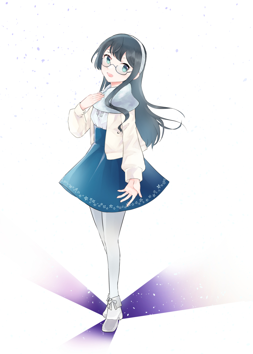 1girl, absurdres, alternate_costume, black_hair, blue_skirt, cardigan, full_body, glasses