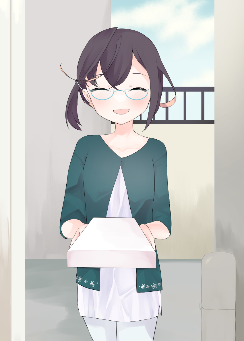 1girl, absurdres, aqua-framed_eyewear, box, brown_hair, cardigan, closed_eyes, colored_inner_hair