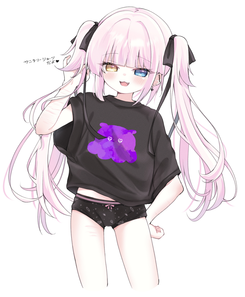 1girl, :3, absurdres, black_panties, black_ribbon, black_shirt, blue_eyes, blush, bow, bow_panties, boyshort_panties, candy_print, commentary_request, cropped_legs, ear_piercing, earrings, fang, female_focus, flat_chest, food_print, hair_ribbon, heterochromia, highres, jewelry, loli, long_hair, ni_kiro, open_mouth, original, panties, piercing, pink_bow, pink_hair, print_panties, ribbon, shirt, solo, translation_request, twintails, underwear, white_background, yellow_eyes