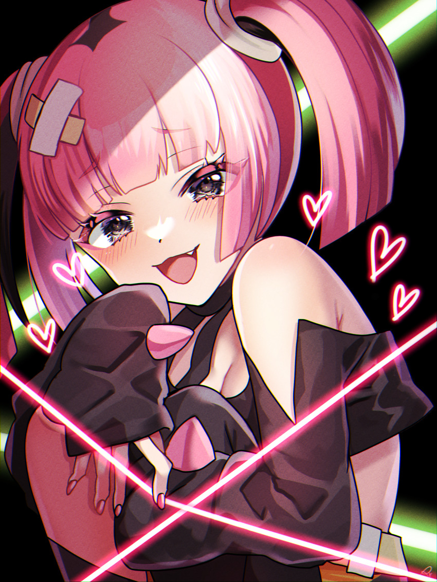 1girl, :d, absurdres, belt, blush, breasts, cleavage, commentary_request