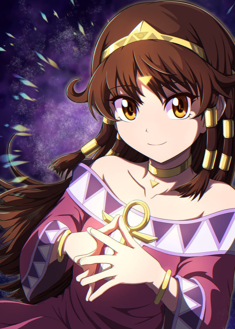 1girl, ankh, bracelet, brown_eyes, brown_hair, closed_mouth, dark-skinned_female, dark_skin