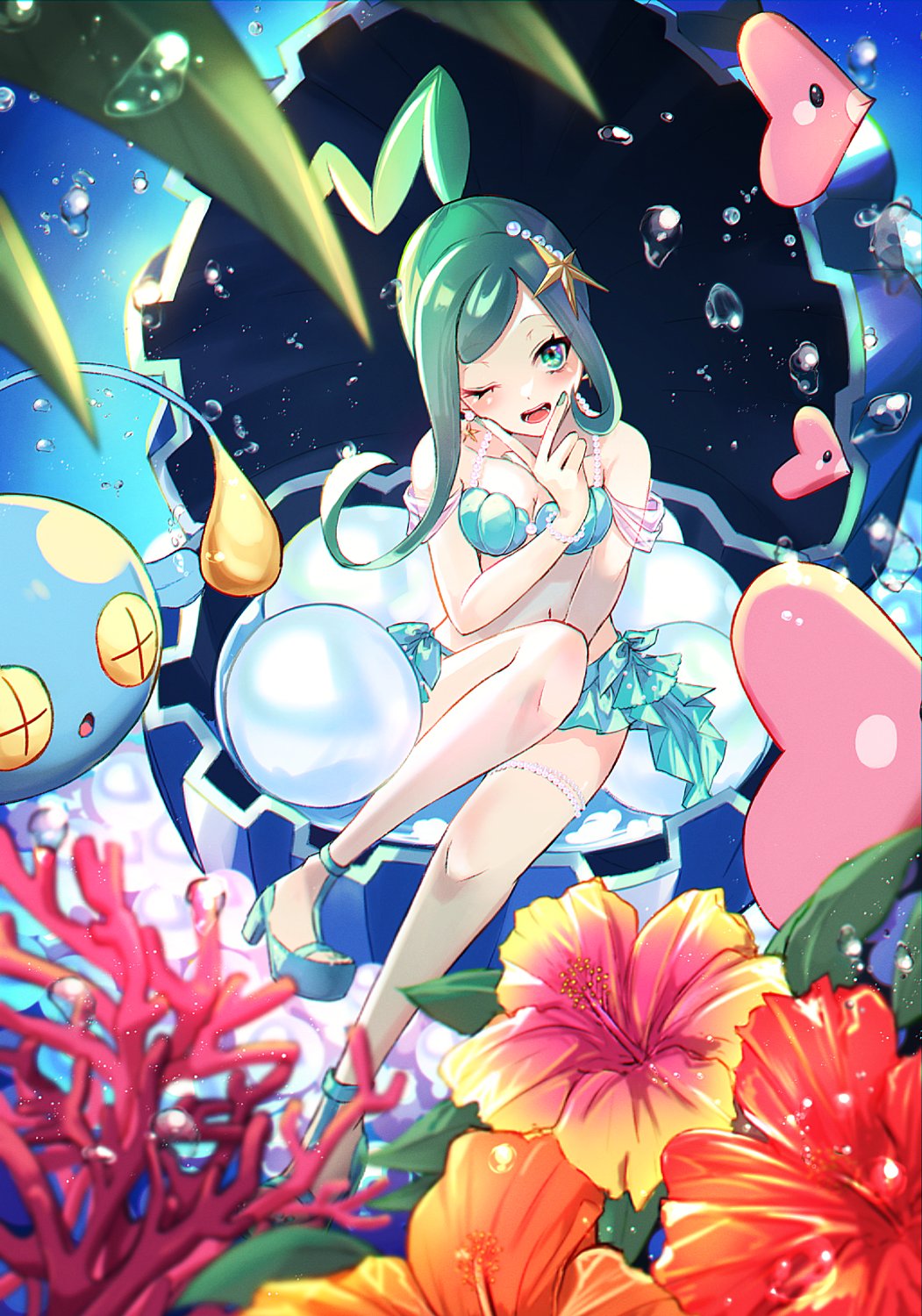1girl, :d, alternate_costume, bikini, blush, chinchou, commentary_request, coral