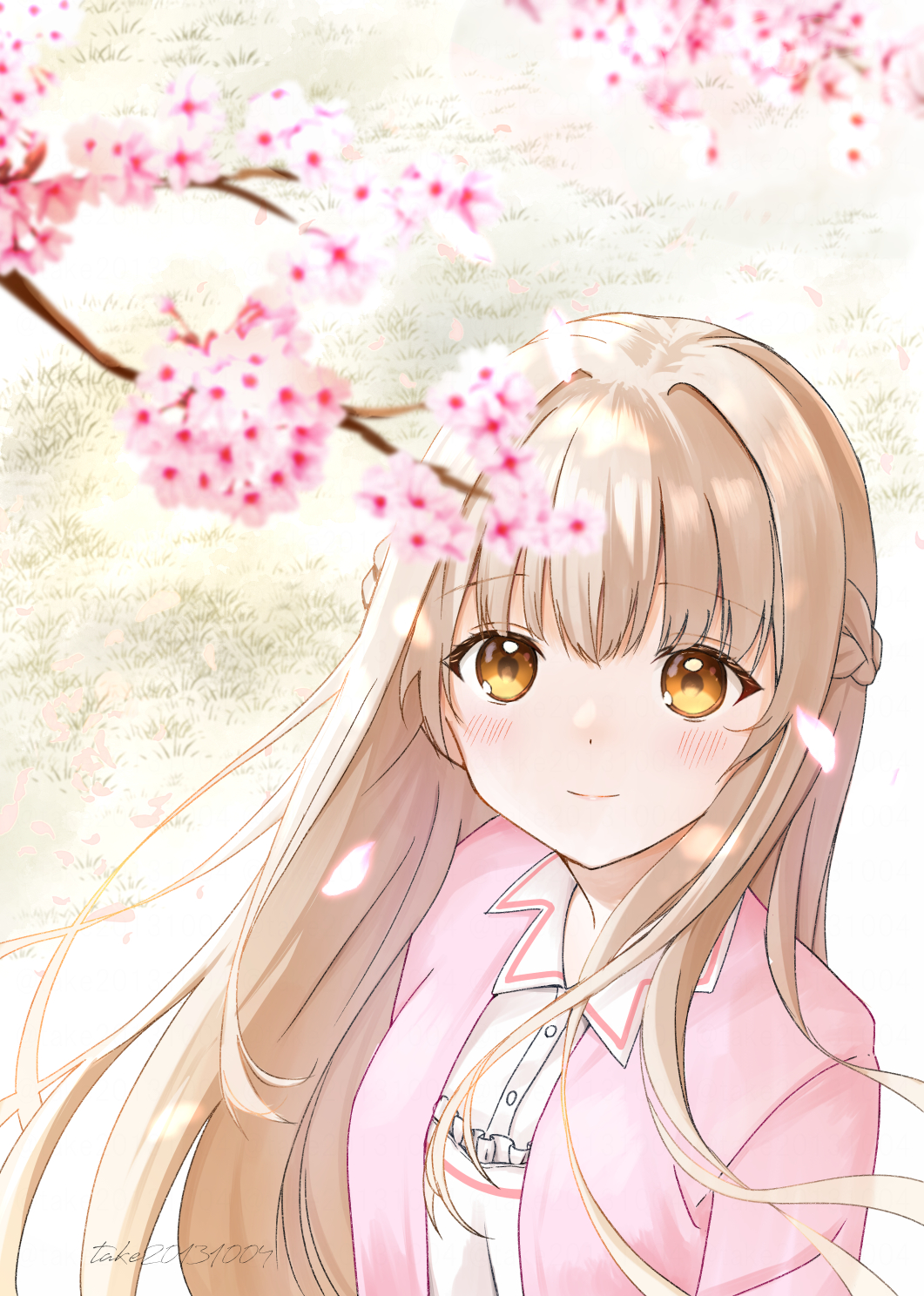 1girl, artist_name, blonde_hair, blush, braid, cherry_blossoms, closed_mouth, french_braid