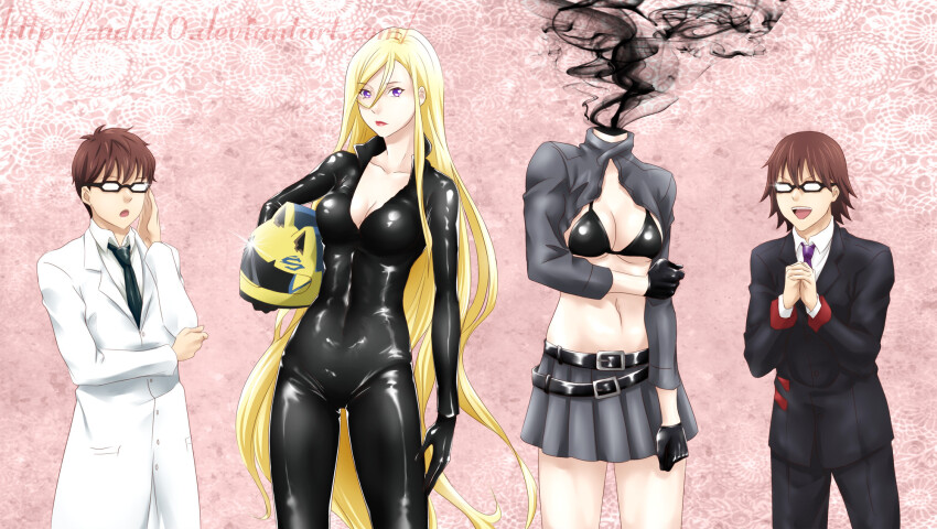 belt, biker_clothes, bikini, bikini_top_only, bishamonten_(noragami), black_bikini, black_suit, blonde_hair