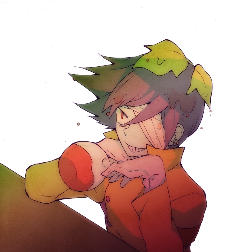 1boy, bags_under_eyes, bandage_over_one_eye, bemani, blue_skin, brown_coat, coat, colored_skin