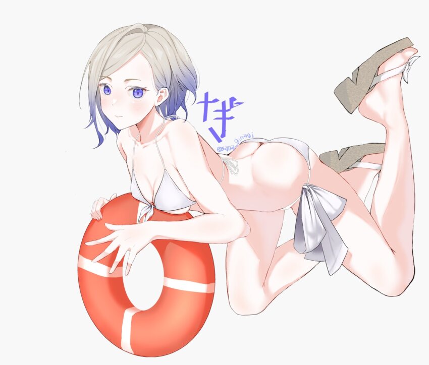 1girl, bare_arms, bare_legs, bare_shoulders, bikini, blonde_hair, blue_eyes, blush, closed_mouth, feet, full_body, innertube, jean_bart_(kancolle), kantai_collection, legs, nagisa_nagi, sandals, short_hair, simple_background, solo, swim_ring, swimsuit, toes, twitter_username, white_background, white_bikini