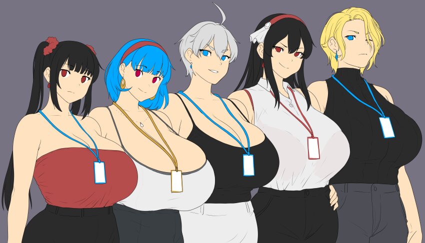 5girls, abigail_fahrenheit, absurdres, bare_shoulders, black_camisole, black_hair, black_pants, blonde_hair