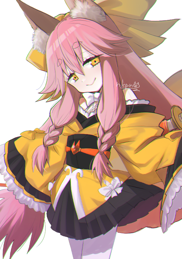 1girl, animal_ear_fluff, animal_ears, bare_shoulders, blush, bow, cowboy_shot, fate/samurai_remnant, fate_(series), fox_ears, fox_tail, japanese_clothes, katana, kimono, long_hair, long_sleeves, looking_at_viewer, nekopan_(nekopannti), obi, pantyhose, pink_hair, sash, short_eyebrows, short_kimono, simple_background, sleeves_past_fingers, sleeves_past_wrists, smile, solo, sword, sword_on_back, tail, tamamo_aria_(fate), weapon, weapon_on_back, white_background, white_bow, white_pantyhose, yellow_eyes, yellow_kimono