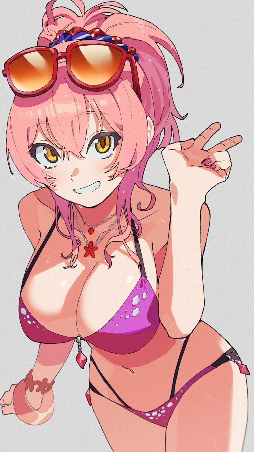1girl, bangle, bikini, bracelet, breasts, cleavage, commentary_request, eyelashes, eyewear_on_head, grey_background, hair_ornament, hair_scrunchie, hand_up, high_ponytail, highres, idolmaster, idolmaster_cinderella_girls, jewelry, jougasaki_mika, large_breasts, looking_at_viewer, multi-strapped_bikini_bottom, nail_polish, navel, necklace, oda_ya_ka, pink_bikini, pink_hair, pink_nails, ponytail, scrunchie, simple_background, smile, solo, sunglasses, swimsuit, v, yellow_eyes