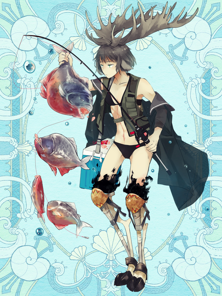 1girl, animal_ears, antlers, bikini, black_bikini, black_jacket, blue_background, breasts, brown_hair, cooler, deer_ears, deer_girl, fishing_rod, hooves, horns, jacket, kerberos_blade, mayonaka_niji_sugi, navel, piranha, scar, scar_on_stomach, short_hair, small_breasts, solo, standing, swimsuit, tsudzuaori_kadan, vest, water_drop