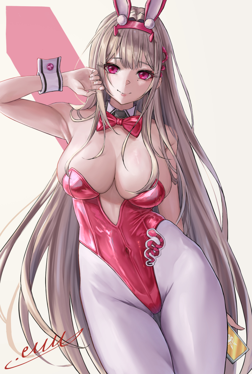 1girl, animal_ears, arm_behind_back, bare_shoulders, bow, bowtie, breasts, cellphone