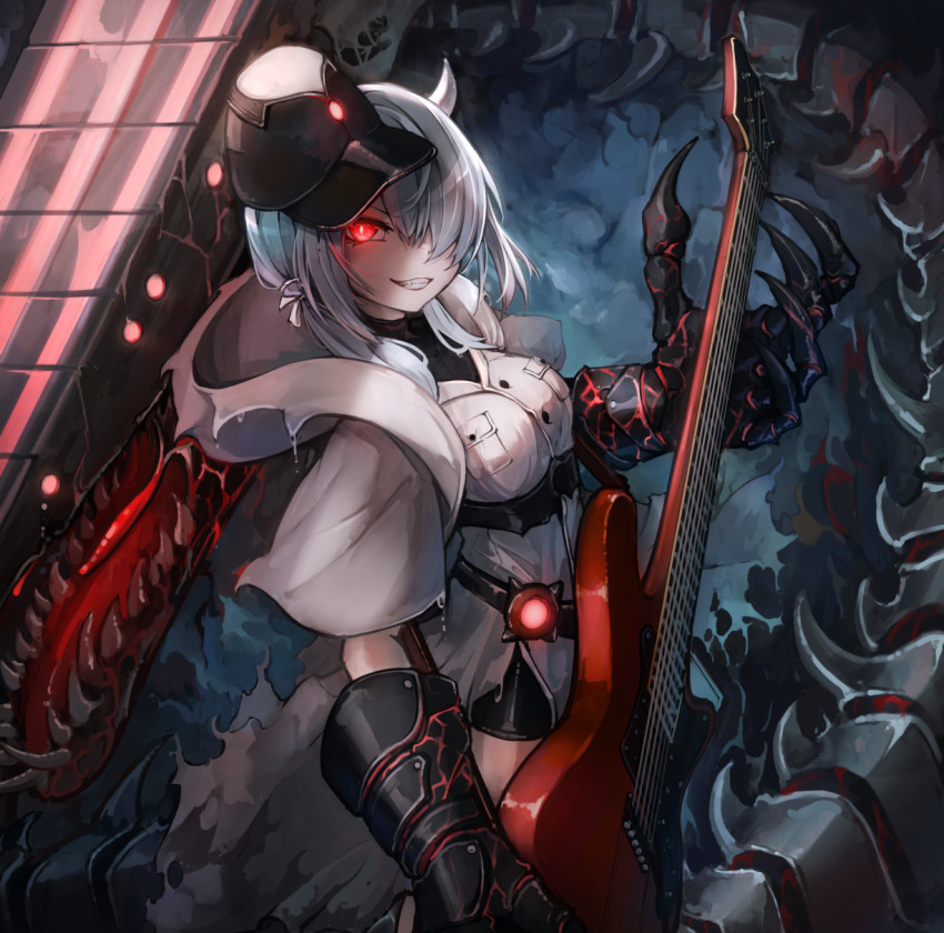 1girl, abyssal_ship, black_headwear, black_shorts, breast_pocket, breasts, claws, colored_skin