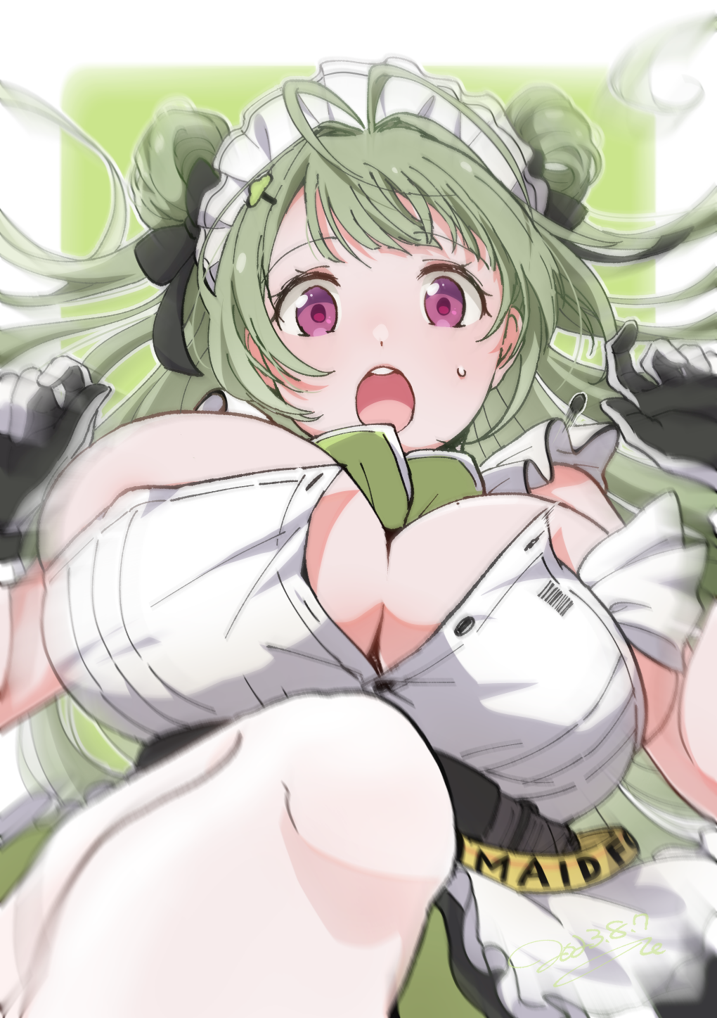 1girl, :o, antenna_hair, apron, ascot, black_gloves, black_ribbon, blurry