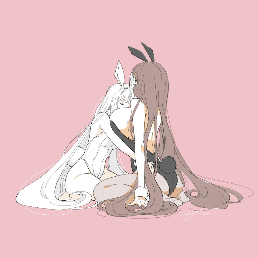 2girls, absurdres, animal_ears, arm_support, black_leotard, blanc_(nikke), breasts, brown_hair