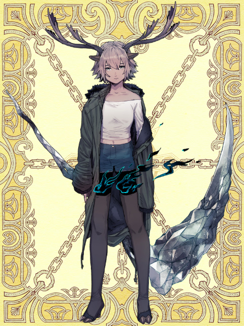 1girl, animal_ears, antlers, black_fire, black_jacket, black_pantyhose, brown_hair, deer_ears, deer_girl, ezotsuyu, fire, holding, holding_scythe, hooves, horns, jacket, kerberos_blade, looking_at_viewer, navel, off-shoulder_shirt, off_shoulder, pantyhose, scythe, shirt, short_shorts, shorts, solo, tsudzuaori_kadan, white_shirt, yellow_background