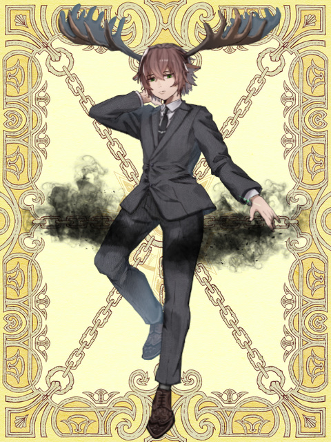1girl, animal_ears, antlers, atuhi, black_necktie, black_suit, brown_footwear, brown_hair