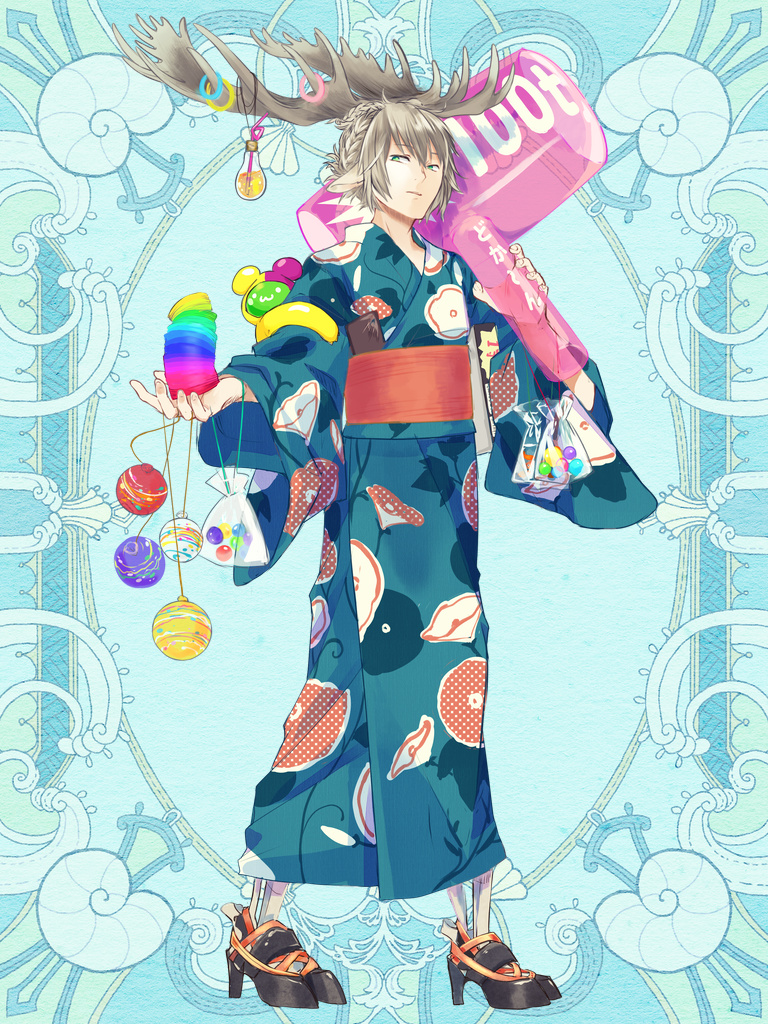 1girl, animal_ears, antler_ornament, antlers, bendy_straw, braid, brown_hair, deer_ears, deer_girl, drinking_straw, green_eyes, high_heels, hooves, horns, inflatable_hammer, japanese_clothes, kerberos_blade, kimono, looking_at_viewer, marble_(toy), mayonaka_niji_sugi, slinky, standing, stuffed_toy, tsudzuaori_kadan, water_yoyo, wide_sleeves, yukata