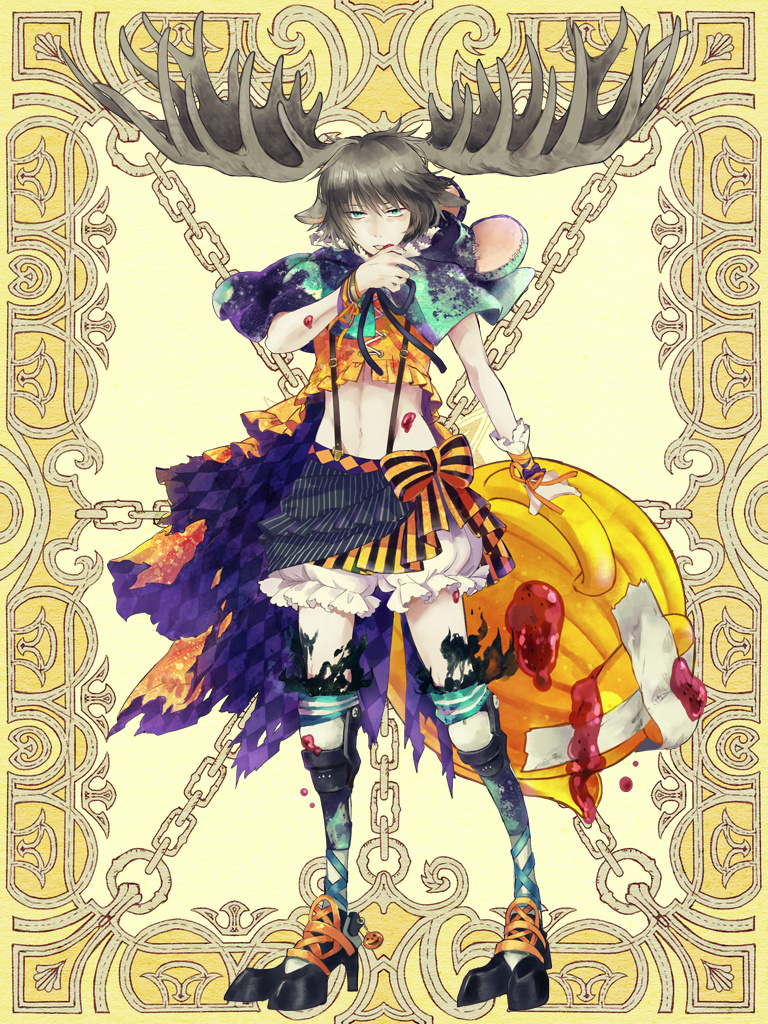 1girl, animal_ears, antlers, black_fire, bow, brown_hair, deer_ears, deer_girl