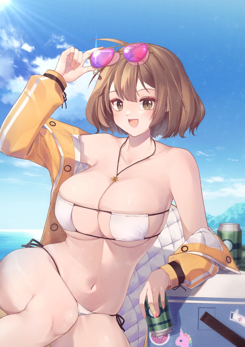 1girl, :d, absurdres, adjusting_eyewear, ahoge, anis_(nikke), anis_(sparkling_summer)_(nikke), arm_support