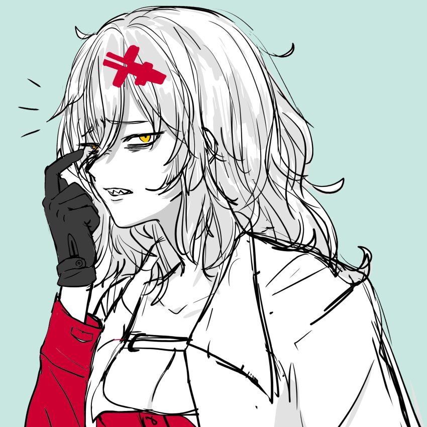 1girl, absurdres, bags_under_eyes, black_gloves, breasts, buurn_dokaan_(nack), cleavage, coat, coat_on_shoulders, cropped_jacket, finger_to_face, gloves, goddess_of_victory:_nikke, hair_ornament, hairclip, highres, jacket, long_hair, looking_at_viewer, medium_breasts, messy_hair, red_jacket, sharp_teeth, simple_background, sketch, solo, teeth, white_coat, white_hair, yellow_eyes, yulha_(nikke)