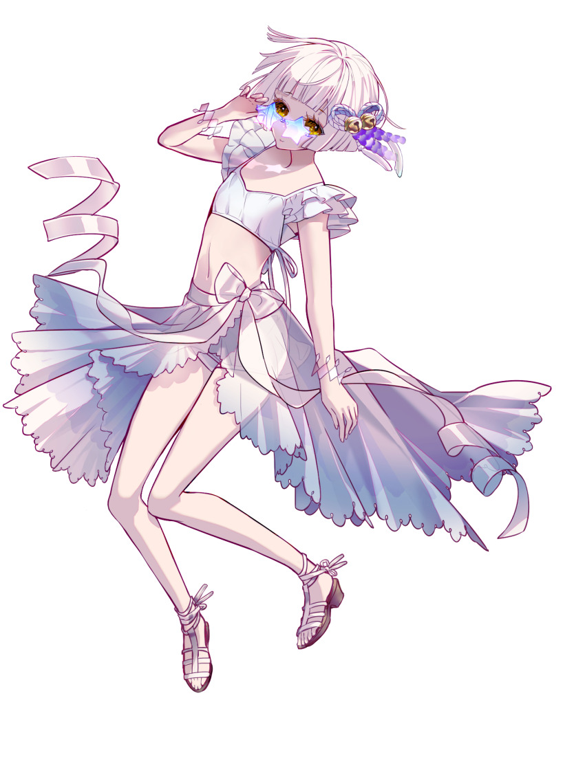 1girl, adjusting_eyewear, bell, bow, bracelet, dairoku_ryouhei, flat_chest, full_body, glasses, hair_bell, hair_ornament, highres, jewelry, midriff, navel, sagiri_suzunone, sajitara_shiori, sandals, see-through_clothes, short_hair, smile, solo, star-shaped_eyewear, star_(symbol), transparent_background, white_bow, white_hair, yellow_eyes