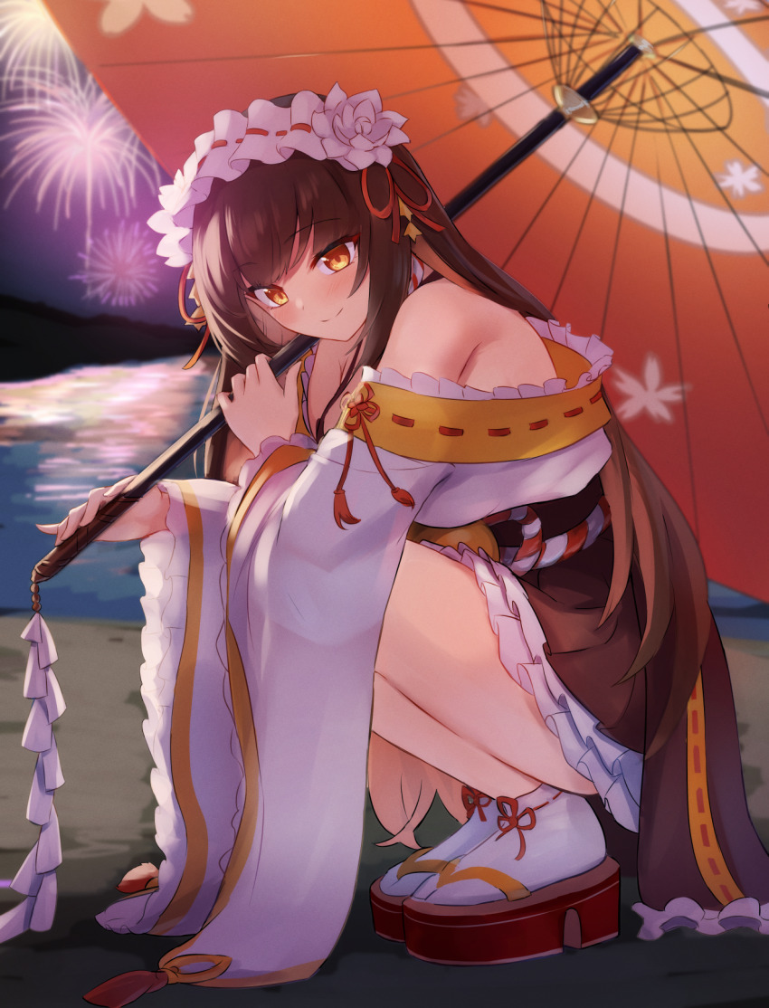 1girl, aerial_fireworks, afrody, bare_shoulders, black_dress, black_hair, commentary_request, dress, exorcist_miya, facing_viewer, fireworks, frilled_dress, frills, guardian_tales, hair_ribbon, highres, holding, holding_umbrella, long_hair, looking_down, off-shoulder_dress, off_shoulder, oil-paper_umbrella, red_ribbon, ribbon, sandals, socks, solo, squatting, tabi, twintails, umbrella, white_headdress, white_socks, wide_sleeves