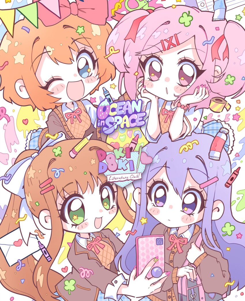 4girls, artist_name, blue_eyes, blue_skirt, blush, bow, breasts, brown_hair, brown_jacket, brown_vest, cellphone, copyright_name, crayon, doki_doki_literature_club, envelope, green_eyes, hair_behind_ear, hair_bow, hair_intakes, hair_ribbon, highres, holding, holding_phone, jacket, long_hair, medium_breasts, monika_(doki_doki_literature_club), multiple_girls, natsuki_(doki_doki_literature_club), oceaninspace, one_eye_closed, open_mouth, paint, pencil, phone, pink_nails, plaid_clothes, plaid_skirt, pleated_skirt, ponytail, purple_eyes, purple_hair, red_ribbon, ribbon, sayori_(doki_doki_literature_club), short_hair, skirt, smartphone, smile, star_(symbol), tape, twintails, very_long_hair, vest, white_bow, yuri_(doki_doki_literature_club)