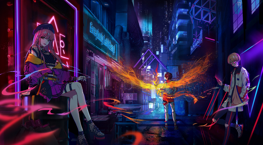 1girl, 2boys, back, bird, blonde_hair, brown_hair, building, cellphone, cigarette, crossed_legs, english_text, faulkner_anne, full_body, glasses, highres, jacket, long_hair, looking_at_viewer, mizuiro_abokado, multiple_boys, neon_lights, night, paradox_live, phoenix, phone, pink_hair, scenery, shoes, short_hair, sitting, smile, sneakers, sugasano_allen, yeon_hajun