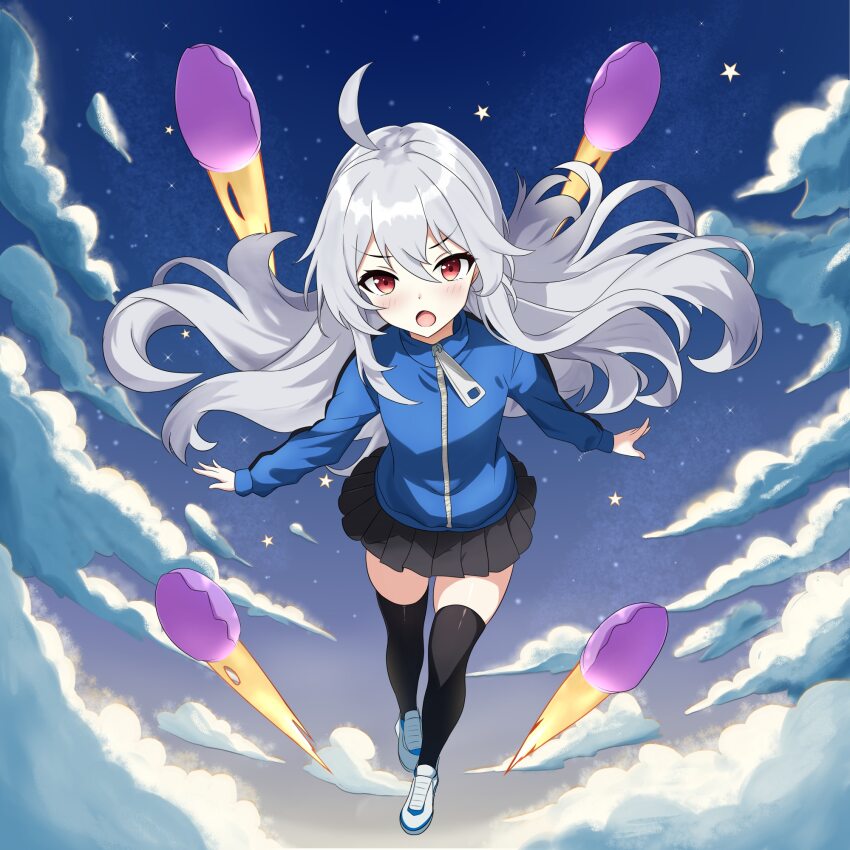 100%_orange_juice, 1girl, ahoge, black_skirt, black_thighhighs, blue_jacket, cloud, cloudy_sky