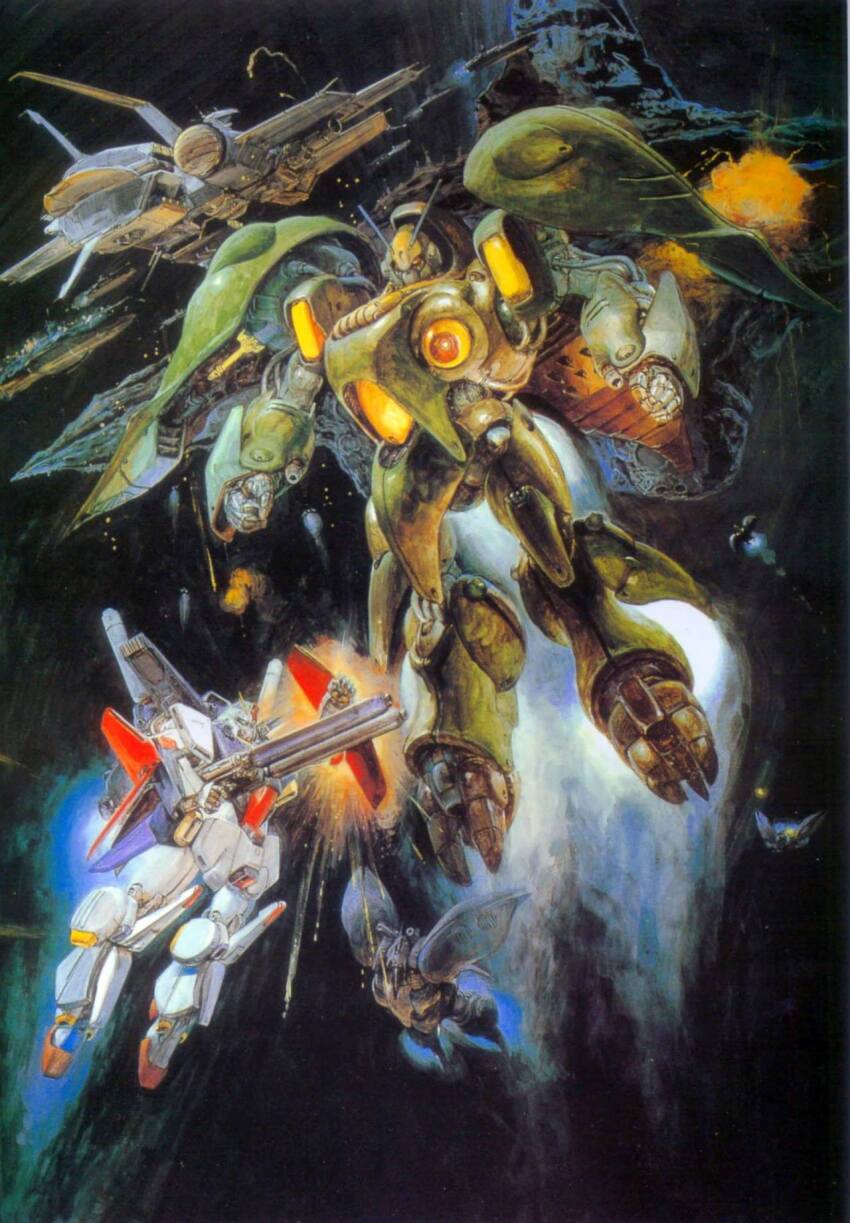 asteroid, axis_(gundam), explosion, gundam, gundam_zz, highres, mecha, nahel_argama