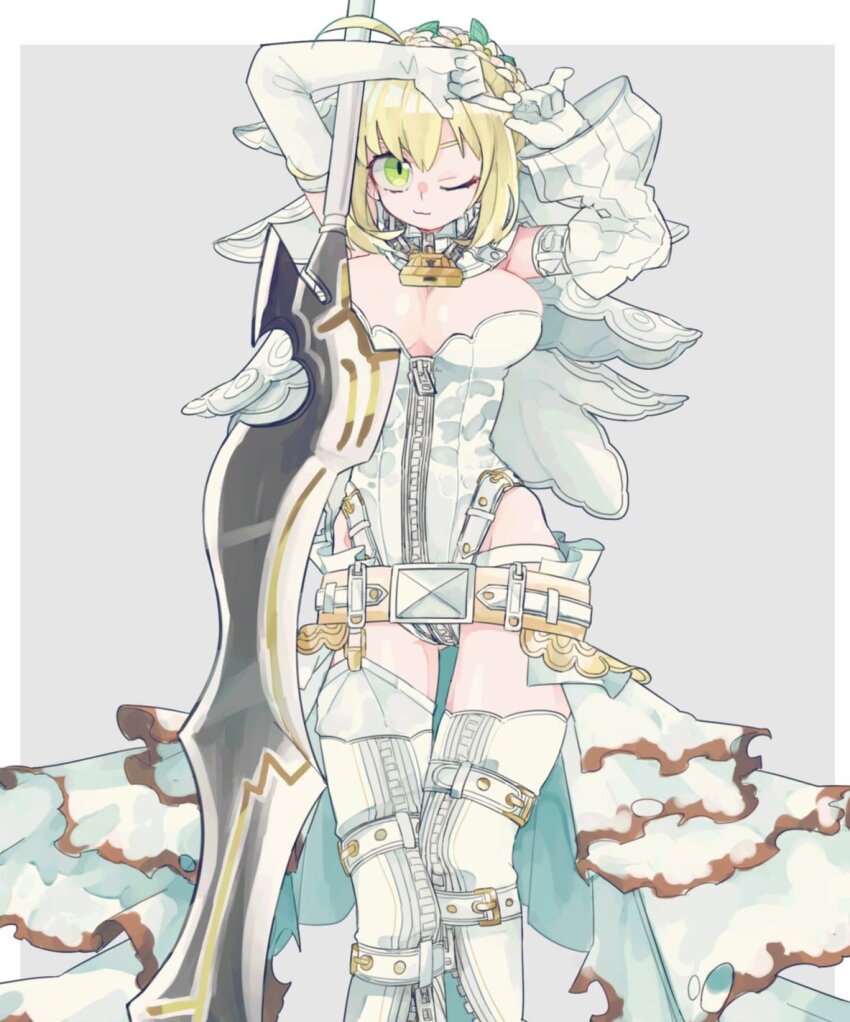 1girl, ahoge, blonde_hair, breasts, cleavage, closed_mouth, detached_sleeves, elbow_gloves